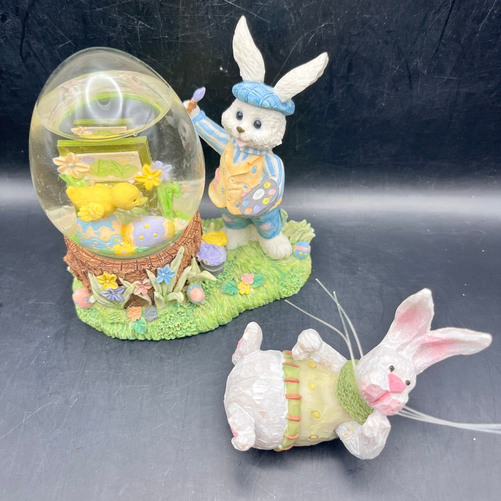 Easter Bunny Painter Water Globe and Lying Rabbit Figurine Set Pastel Decor